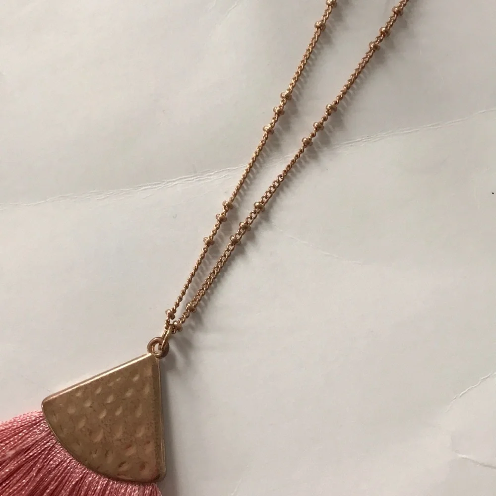 Coral Color Long Fringe Pendant Necklace - Picture 3 of 6